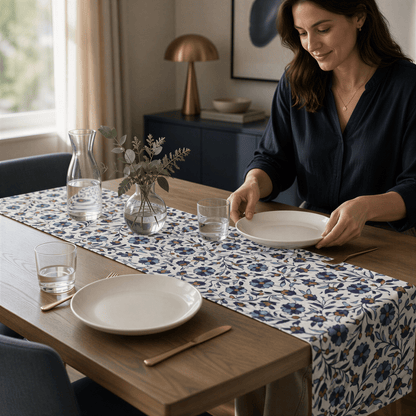White Western Armenian floral table runner on a dining table set with white plates and glasses
