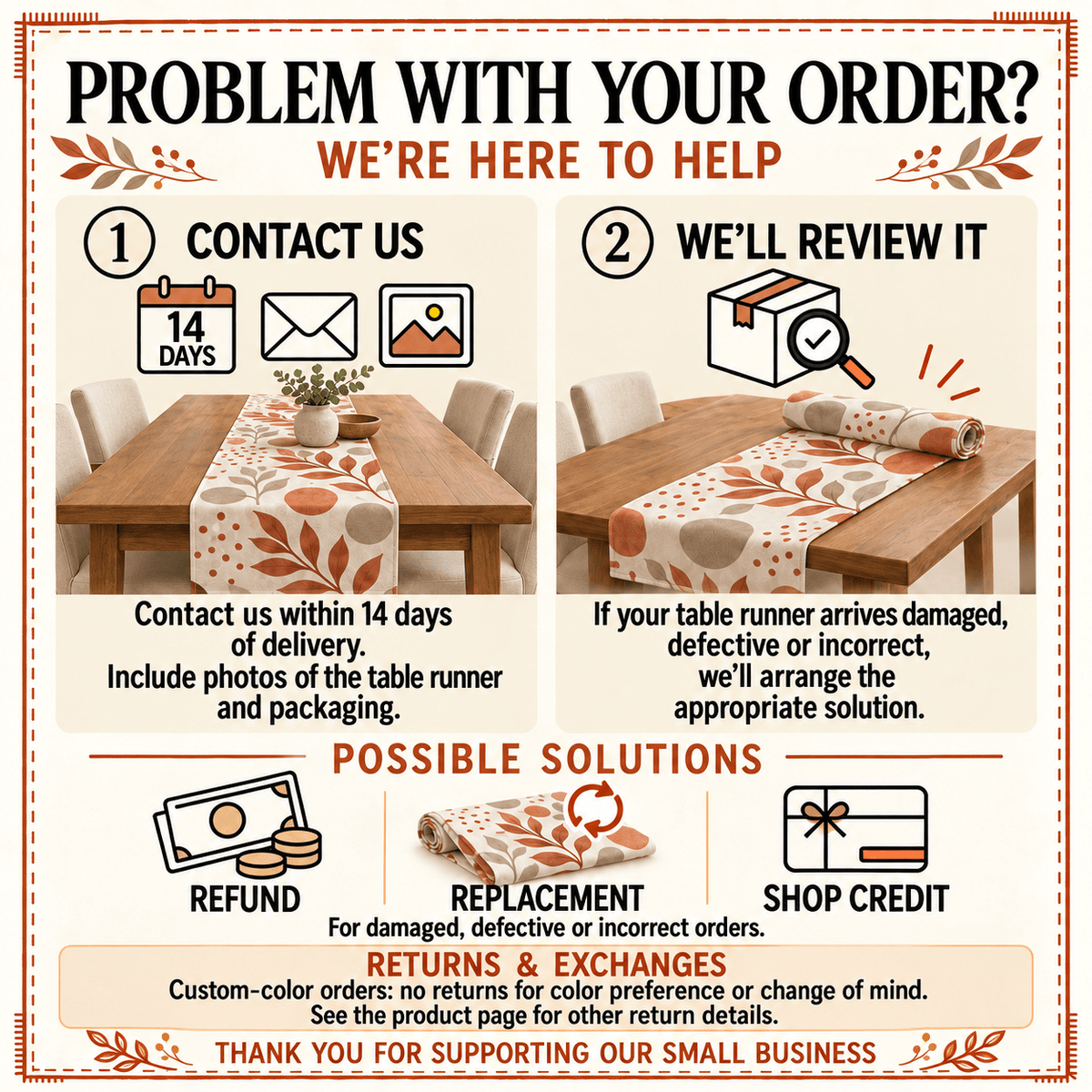 Order problem card: contact us within 14 days with photos for a refund, replacement or shop credit