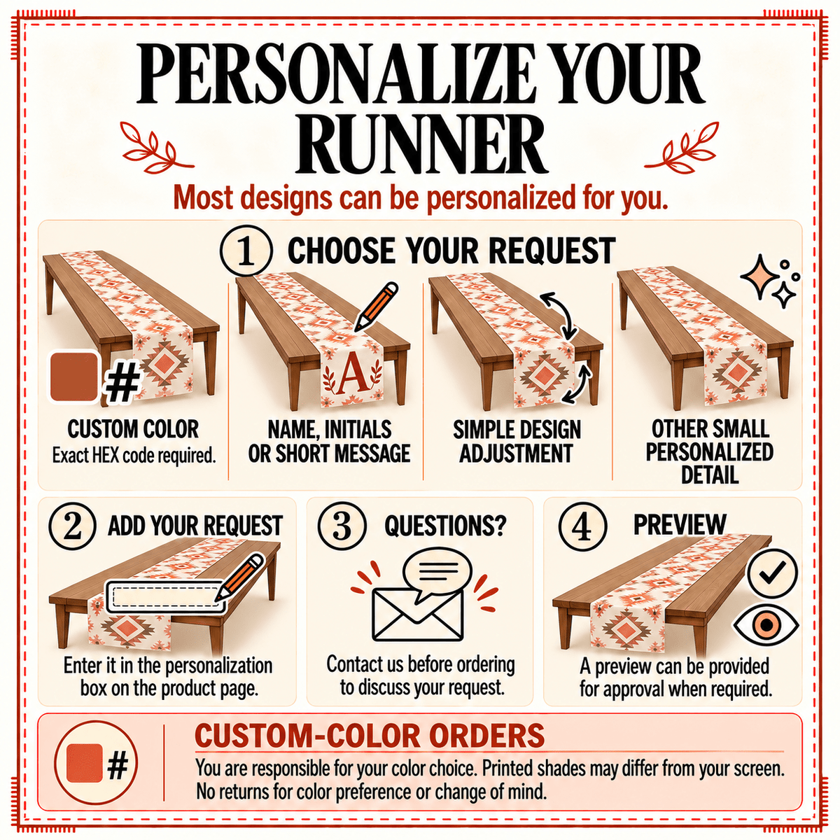 Personalize your runner card: choose your request, add it in the box, ask questions, approve a preview