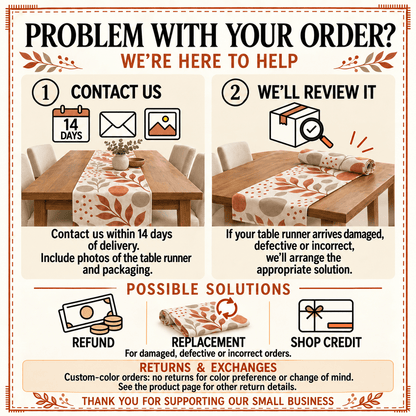 Order problem card: contact us within 14 days with photos for a refund, replacement or shop credit