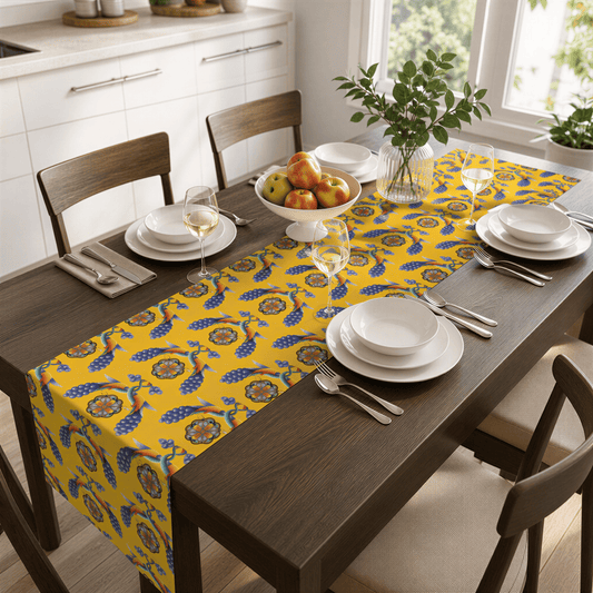Yellow Armenian bird table runner on a dining table with wooden chairs and a bowl of fruit