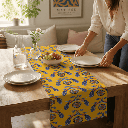 Yellow Armenian bird table runner on a dining table set with white plates and glasses
